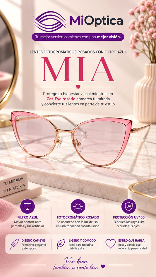 Lentes Fotocromáticos Rosados con Filtro Azul Mia | Cat-Eye Mujer | MiÓptica