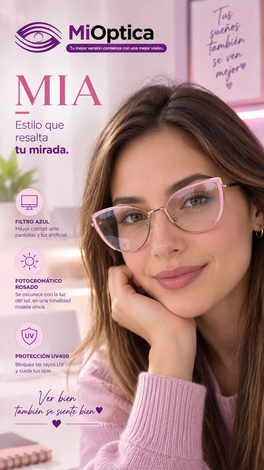 Lentes Fotocromáticos Rosados con Filtro Azul Mia | Cat-Eye Mujer | MiÓptica