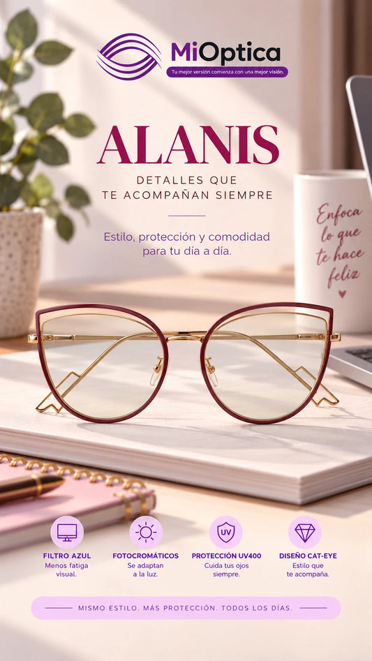 Lentes Fotocromáticos con Filtro Azul Alanis | Bienestar Visual para Pantallas | MiÓptica