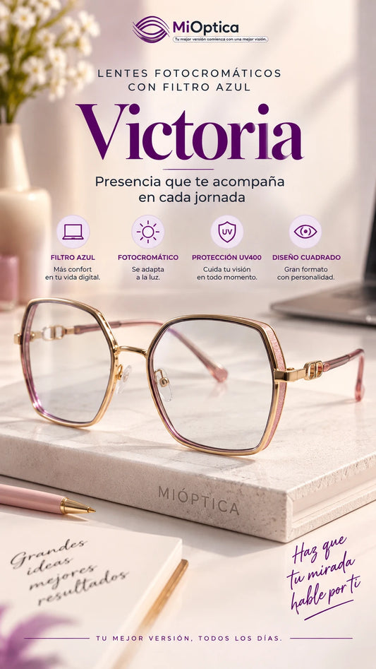 Lentes Fotocromáticos con Filtro Azul Victoria | Diseño Cuadrado para Mujer | MiÓptica