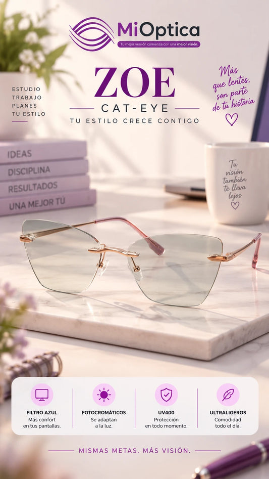 Lentes Fotocromáticos con Filtro Azul Zoe | Cat-Eye para Mujer | MiÓptica